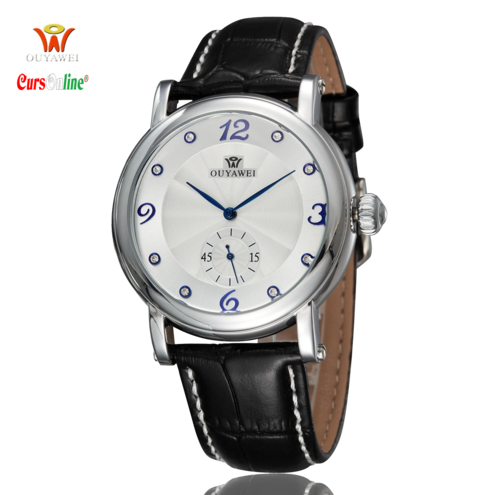 Ouyawei Automatic luxury steel watch Genuine Leather Band 1419