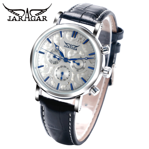 Jaragar Automatic luxury steel watch Genuine Leather Band JR806