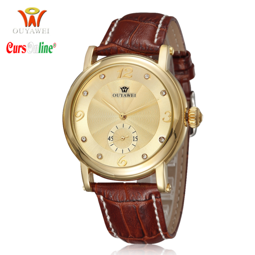 Ouyawei Automatic luxury Gold steel watch Leather Band 1419